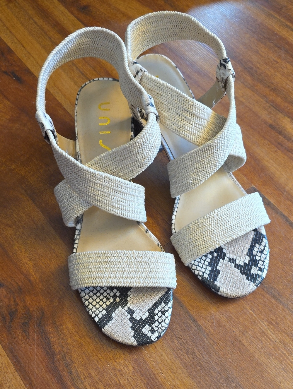 Unisa Cream Elastic Strap Sandals with Snake-Print Toe